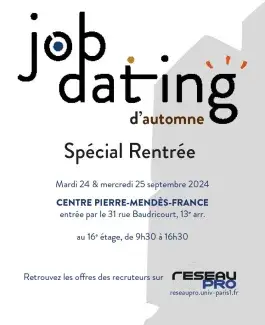 Affiche Job Dating Automne 2024 Affiche Job Dating Automne 2024 mardi 24 et mercredi 25 septembre au Centre Pierre Mendes France